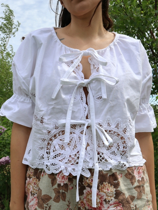 Handmade Tops - Upcycled Lace Tablecloth Blouse with Bows Crop M • L • XL